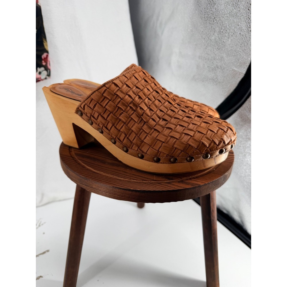 Free People Woven Leather Clog Mules Tan Wood Block Heel Studded EU 41 US 10